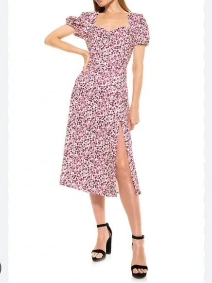 Alexia Admor “Gracie” Puff-Sleeve Midi Dress With Side Slit